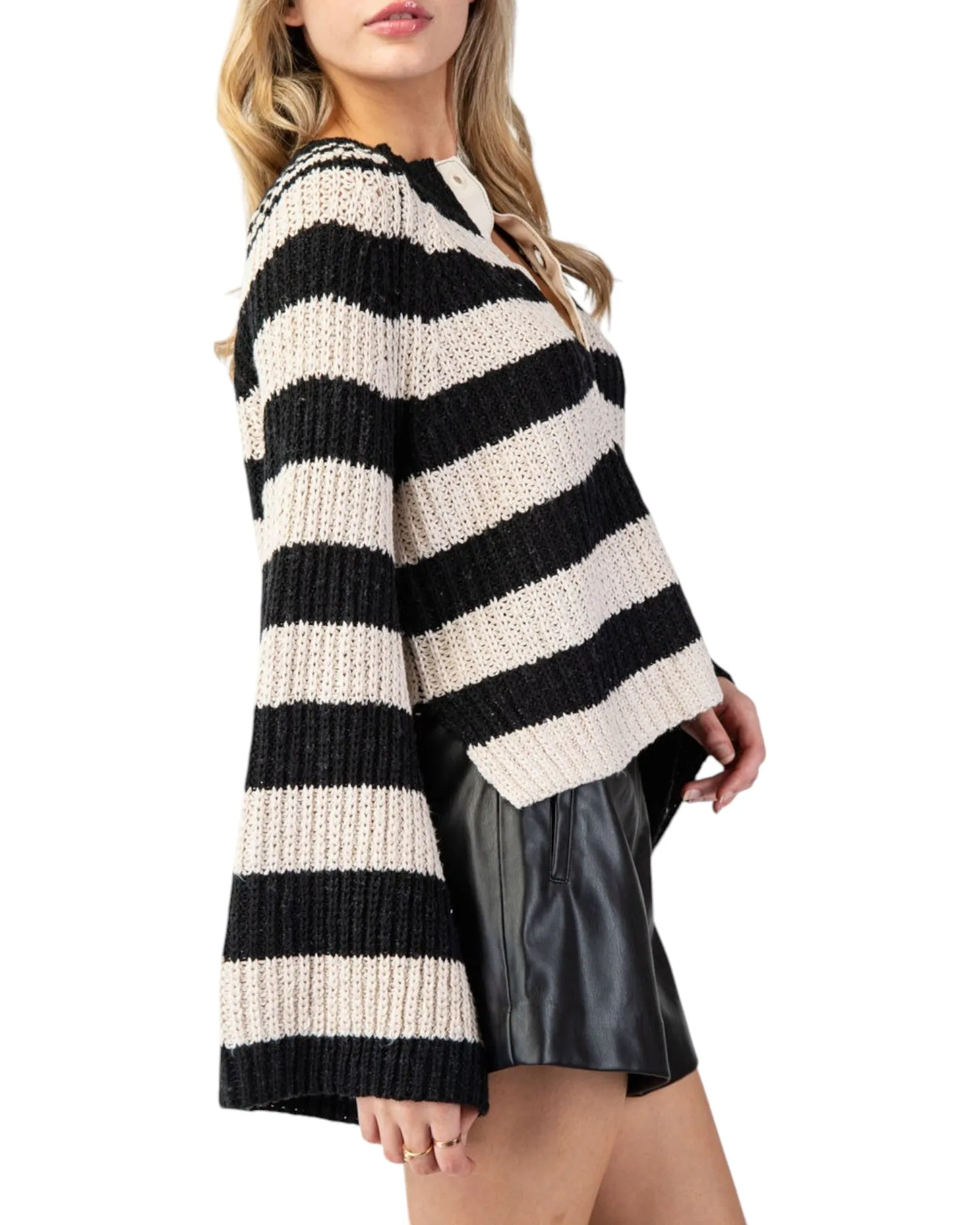 Black and Tan Striped Bell Sleeve Sweater Top