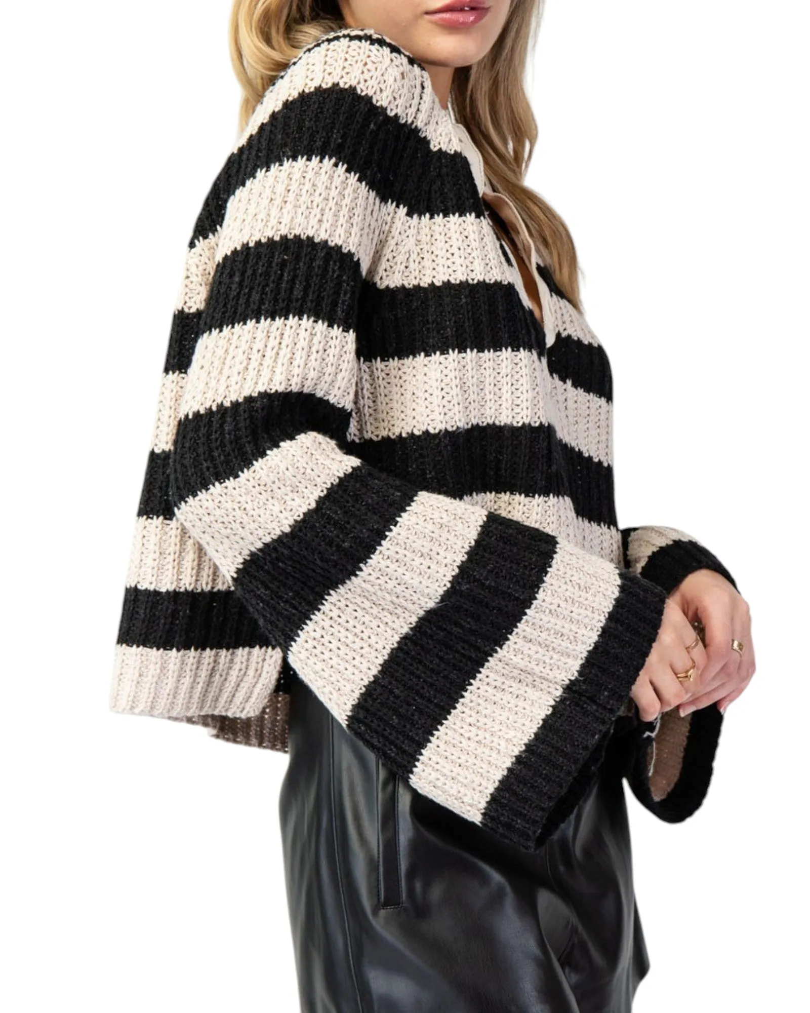 Black and Tan Striped Bell Sleeve Sweater Top