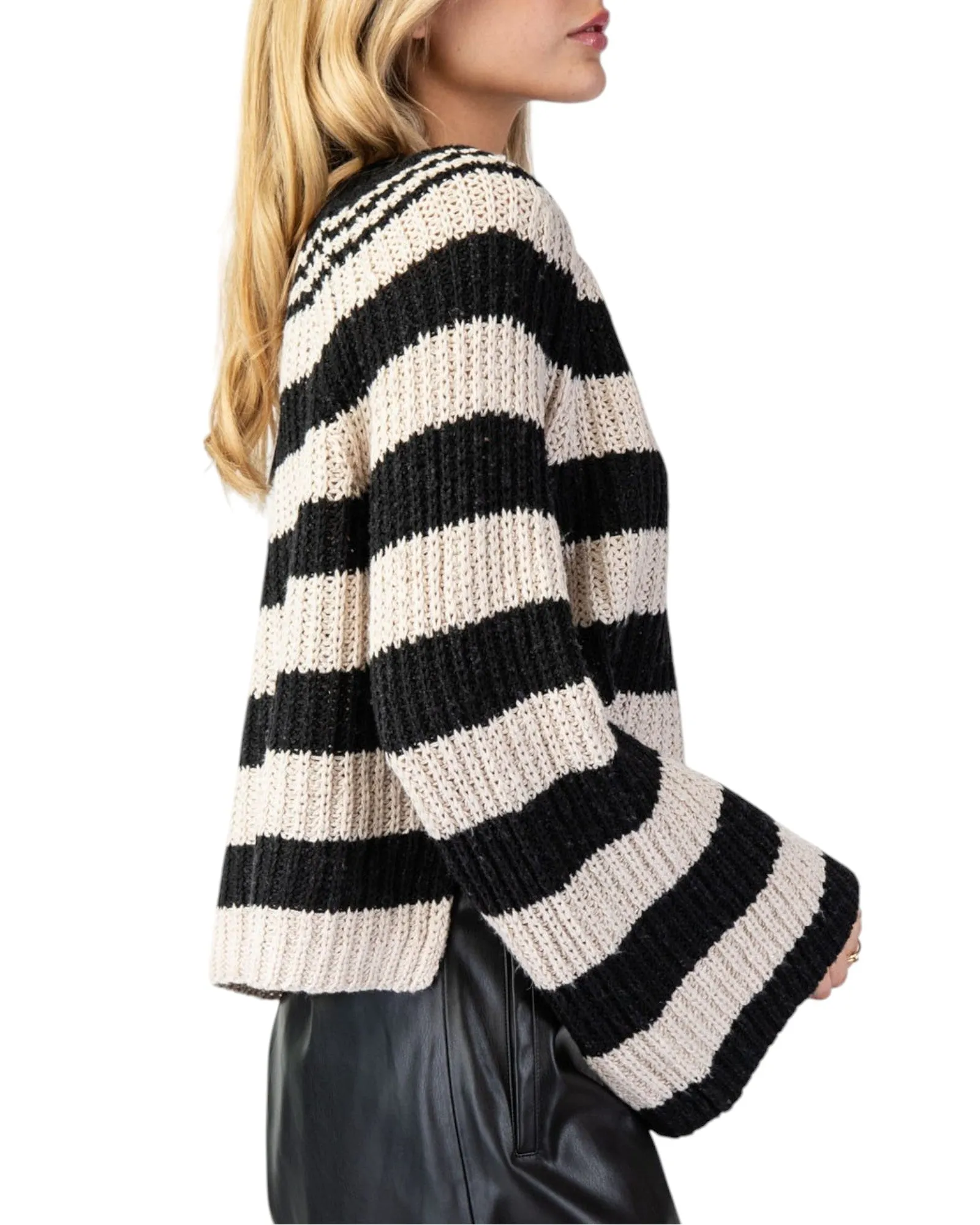 Black and Tan Striped Bell Sleeve Sweater Top