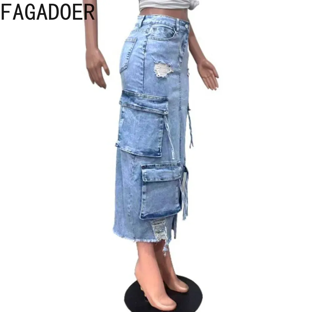 Blue Denim Split Pocket Cargo Utility Skirts Women High Waisted Slim Fit