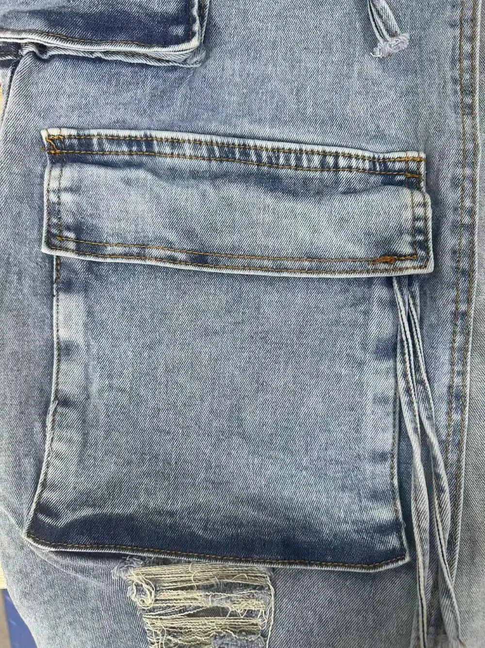 Blue Denim Split Pocket Cargo Utility Skirts Women High Waisted Slim Fit