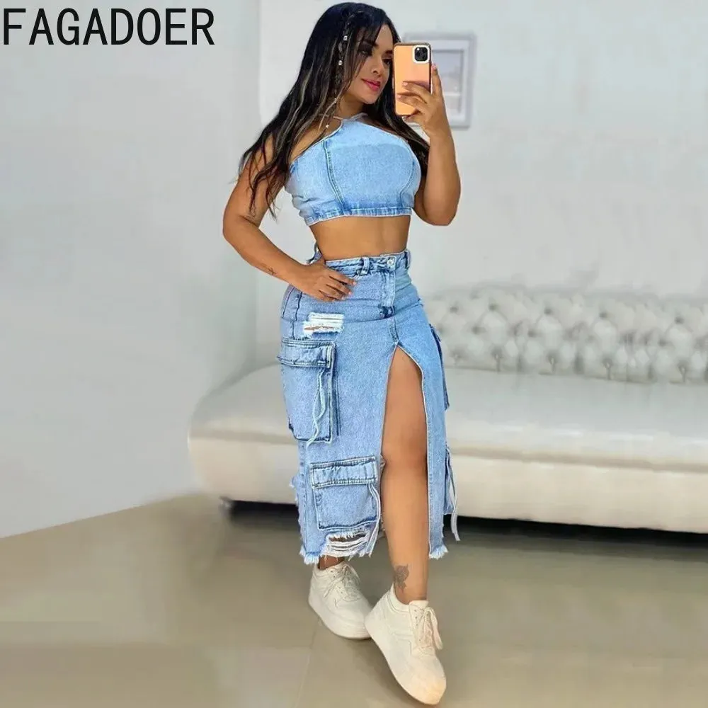 Blue Denim Split Pocket Cargo Utility Skirts Women High Waisted Slim Fit