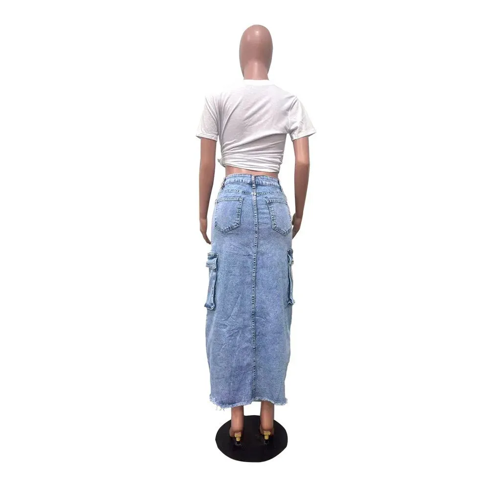 Blue Denim Split Pocket Cargo Utility Skirts Women High Waisted Slim Fit