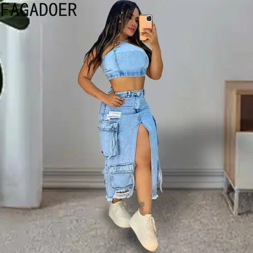 Blue Denim Split Pocket Cargo Utility Skirts Women High Waisted Slim Fit