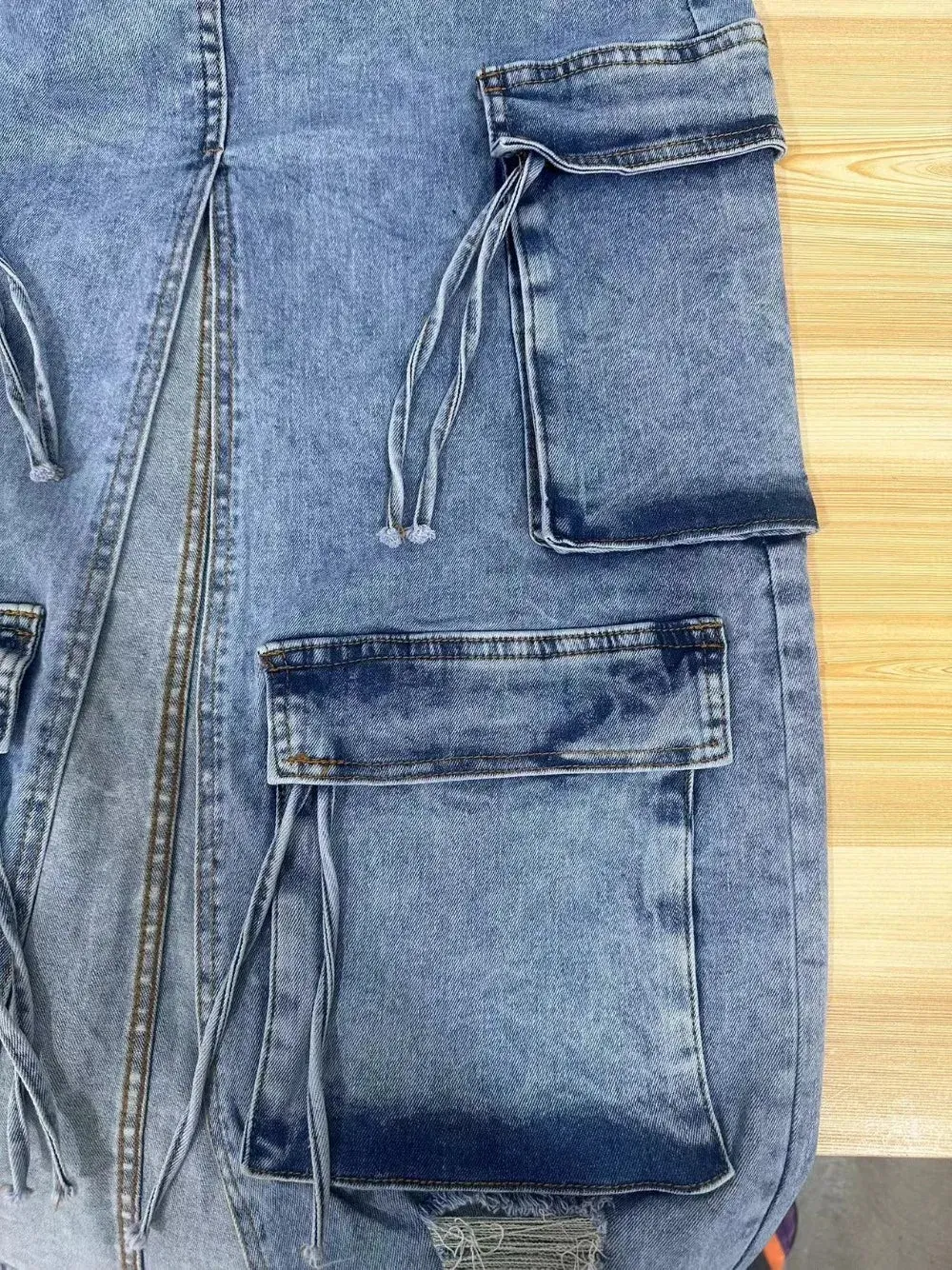 Blue Denim Split Pocket Cargo Utility Skirts Women High Waisted Slim Fit