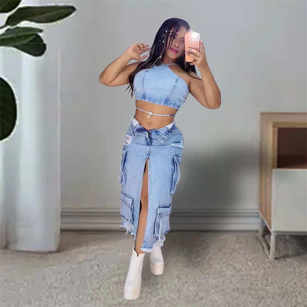 Blue Denim Split Pocket Cargo Utility Skirts Women High Waisted Slim Fit