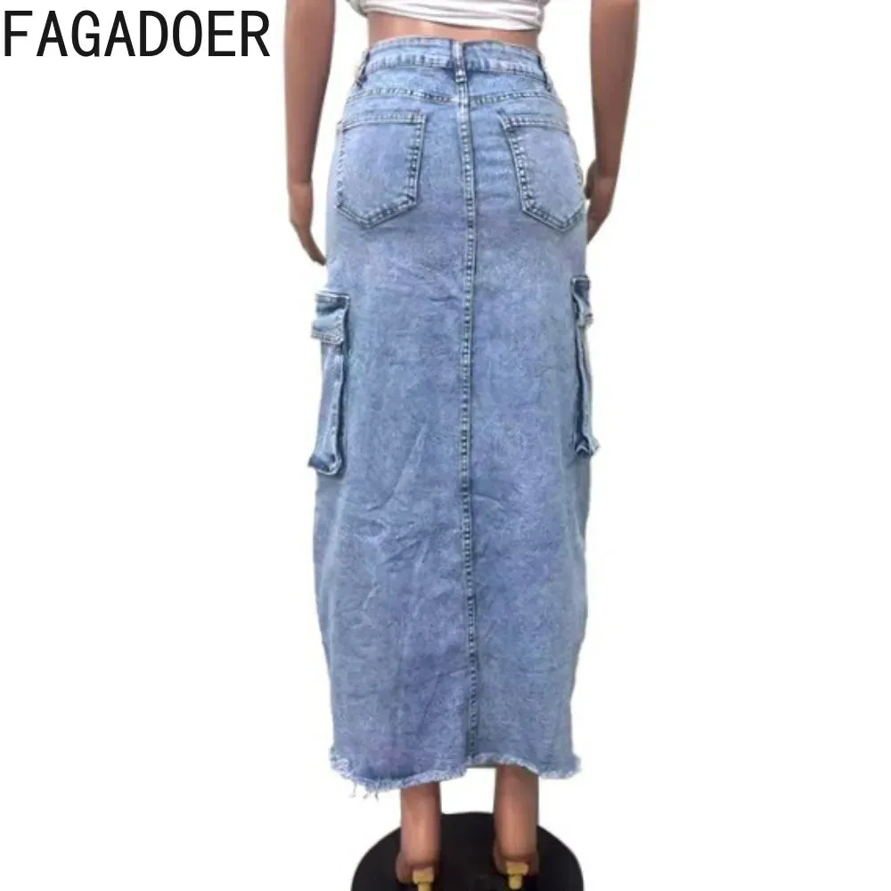 Blue Denim Split Pocket Cargo Utility Skirts Women High Waisted Slim Fit