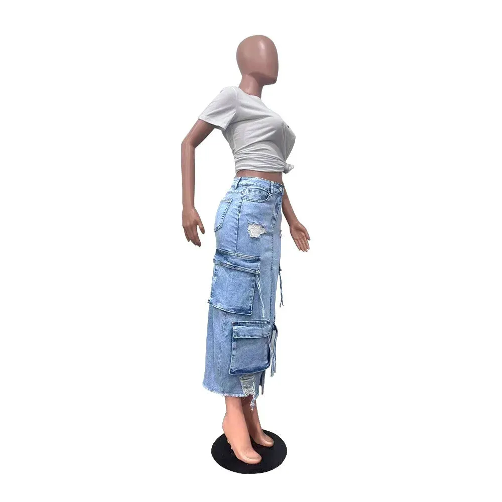 Blue Denim Split Pocket Cargo Utility Skirts Women High Waisted Slim Fit