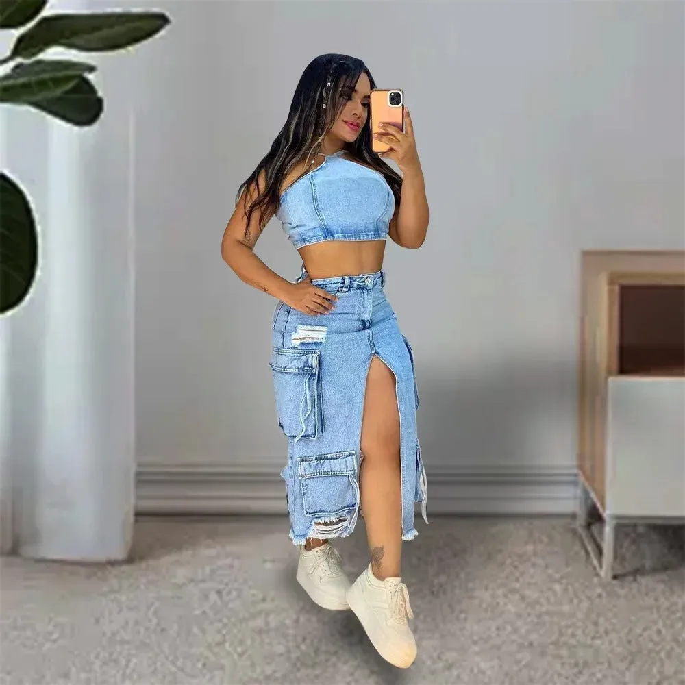 Blue Denim Split Pocket Cargo Utility Skirts Women High Waisted Slim Fit