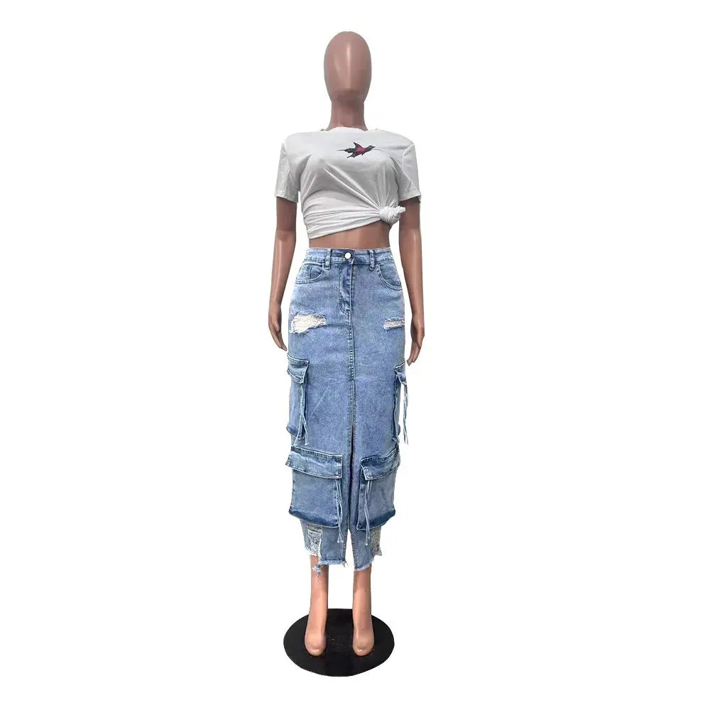 Blue Denim Split Pocket Cargo Utility Skirts Women High Waisted Slim Fit