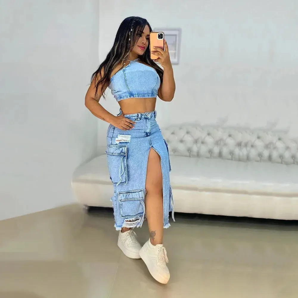 Blue Denim Split Pocket Cargo Utility Skirts Women High Waisted Slim Fit