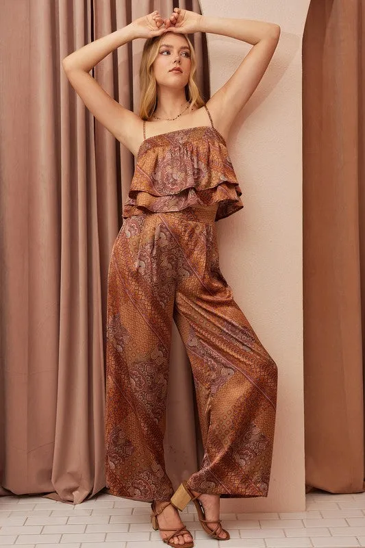 Brown Paisley Patchwork Satin Ruffle Crop Cami