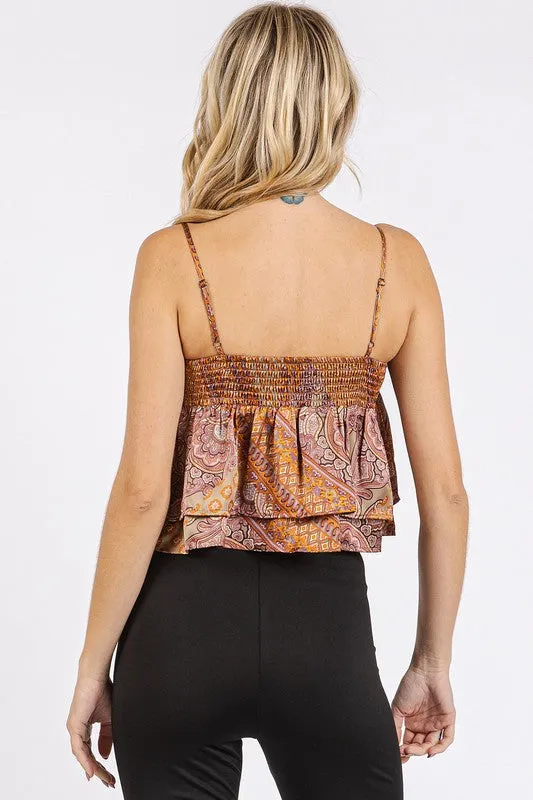 Brown Paisley Patchwork Satin Ruffle Crop Cami