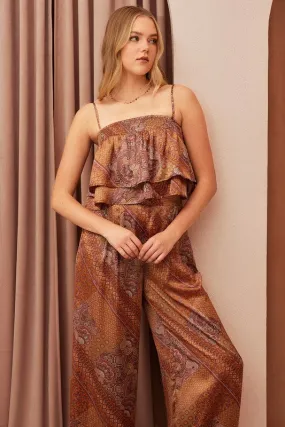 Brown Paisley Patchwork Satin Ruffle Crop Cami