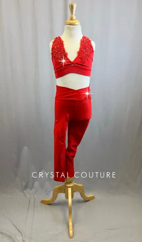 Custom Red Lycra Two Piece With Rhinestone Applique and Pants