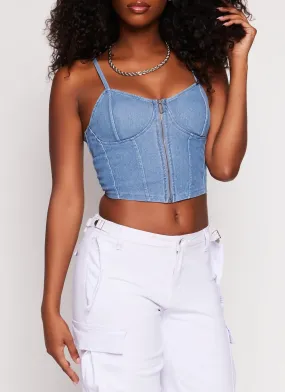 Denim Corset Crop Top – Blue Bustier with Adjustable Straps & Zipper Front
