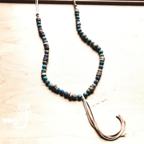 Frosted African Turquoise Necklace Wood Beads Leather Tassel 257z