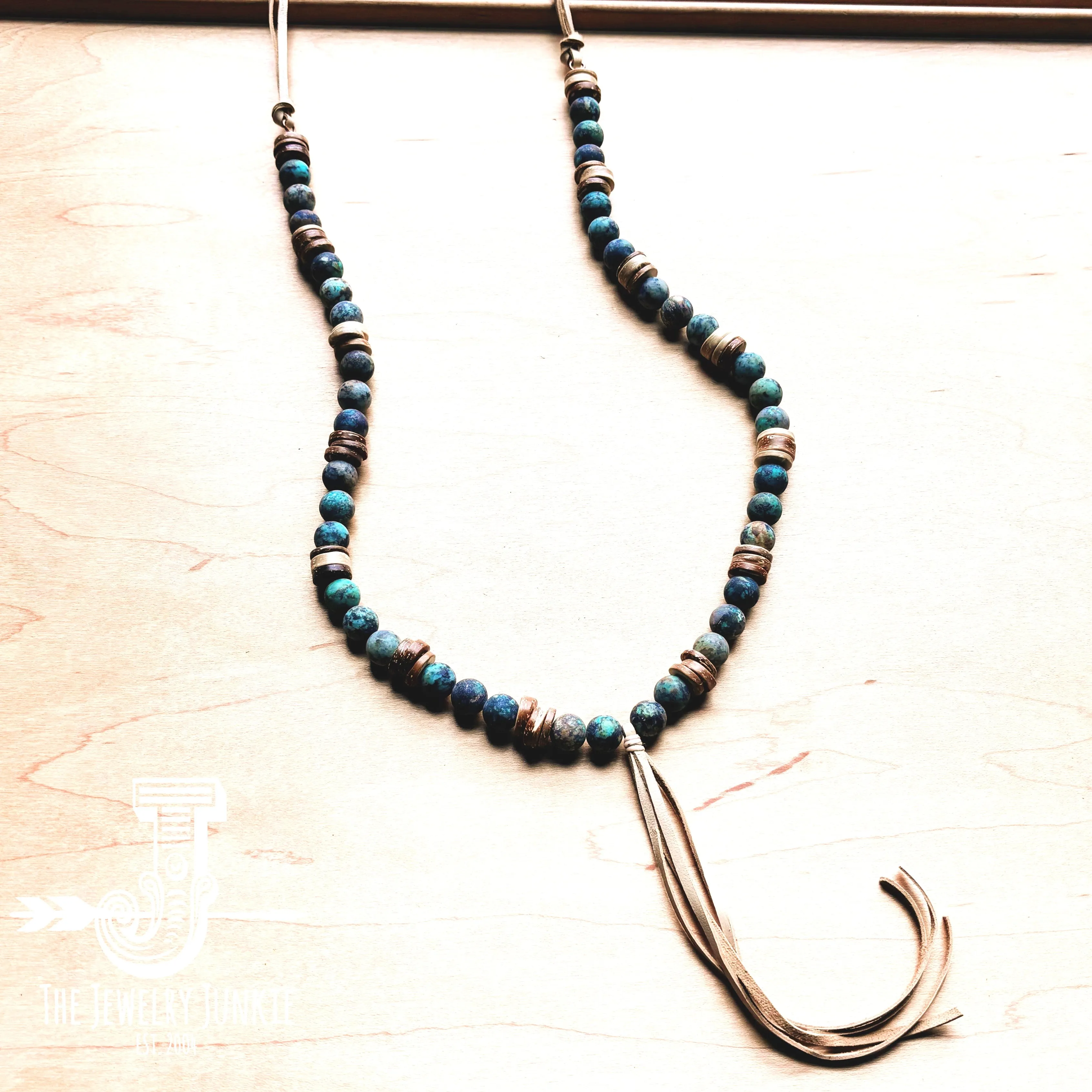 Frosted African Turquoise Necklace Wood Beads Leather Tassel 257z