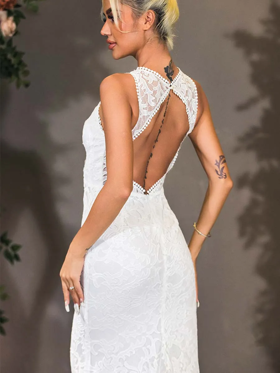 High Neck Fit And Flare Wedding Dress Lace Sleeveless