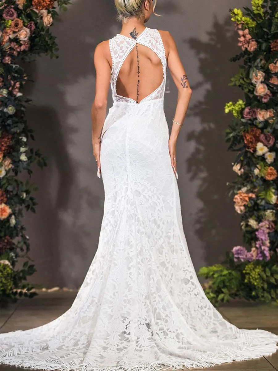 High Neck Fit And Flare Wedding Dress Lace Sleeveless
