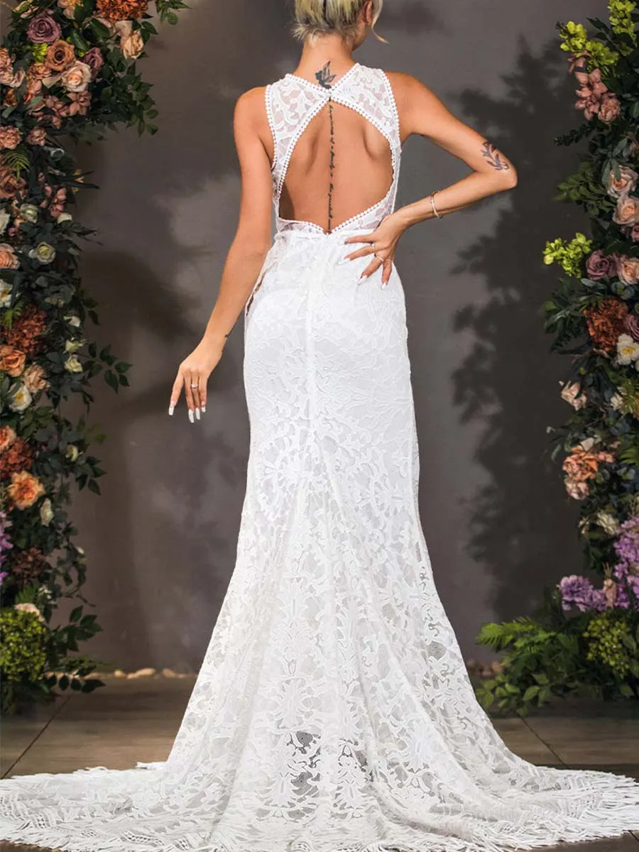 High Neck Fit And Flare Wedding Dress Lace Sleeveless