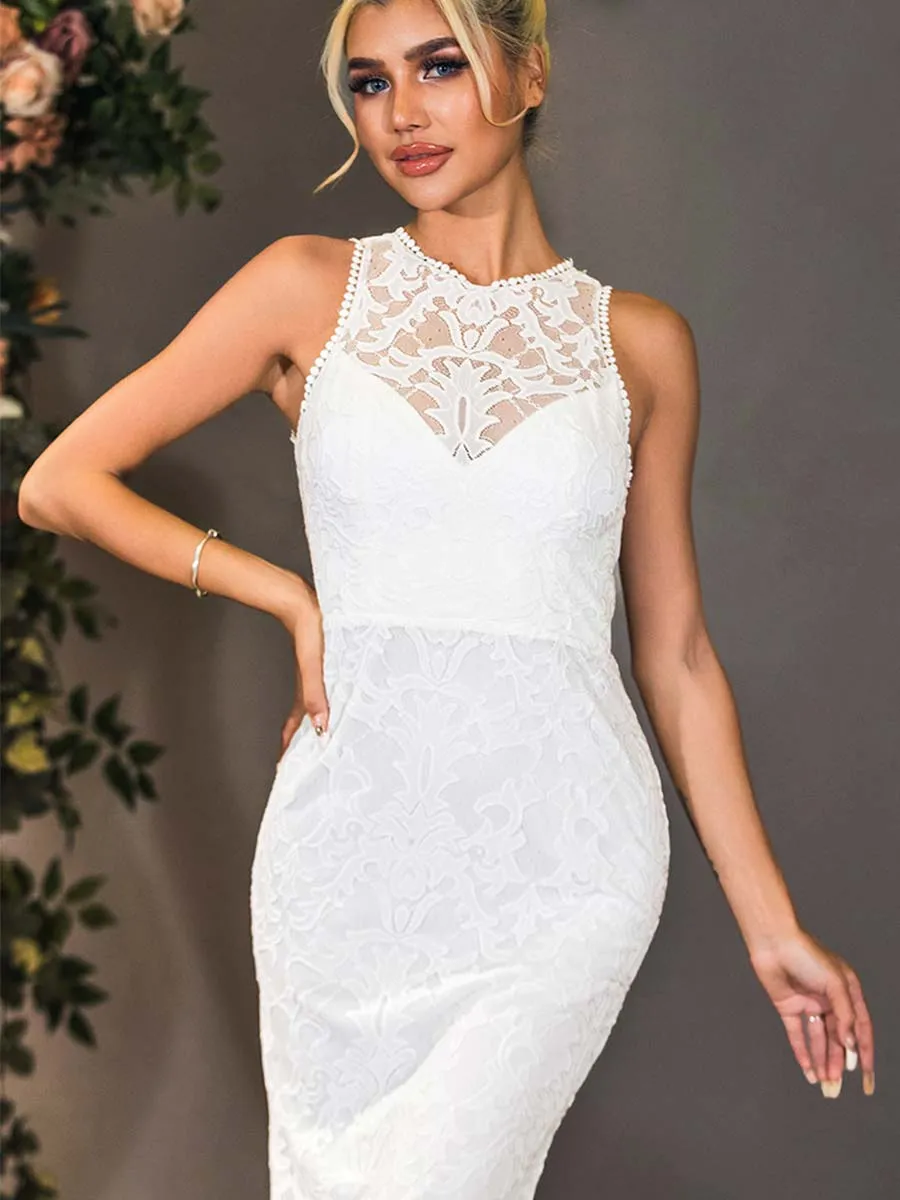 High Neck Fit And Flare Wedding Dress Lace Sleeveless