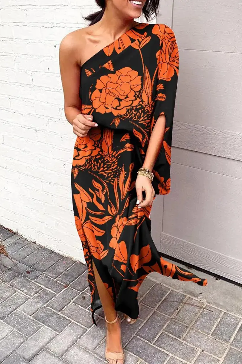 hulianfu - Casual Print One Shoulder Waist Skirt Dresses(5 Colors)