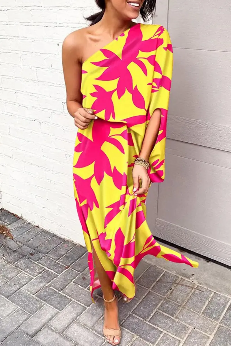 hulianfu - Casual Print One Shoulder Waist Skirt Dresses(5 Colors)