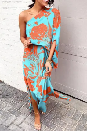 hulianfu - Casual Print One Shoulder Waist Skirt Dresses(5 Colors)
