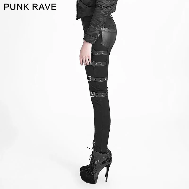 K-234 Buckles black Winter Sexy Fitted Leather Punk Pants