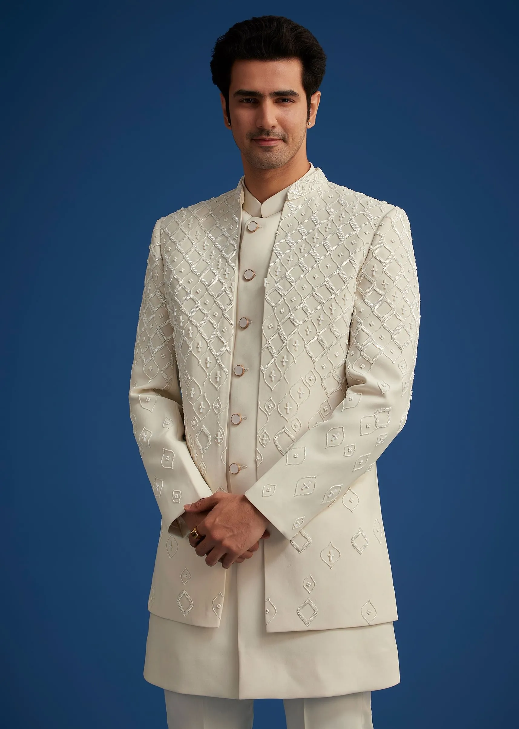 Off White Cotton Satin Sherwani Set With Embroidered Jacket