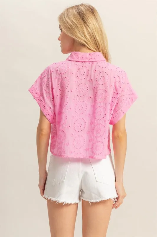 Pink Eyelet Button Down Short Sleeve Cropped Shirt – Casual Summer Top