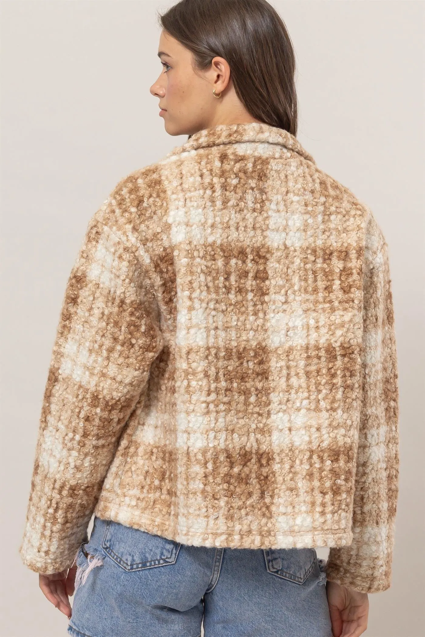 Plaid Boucle Jacket with Collared Neck and Pockets