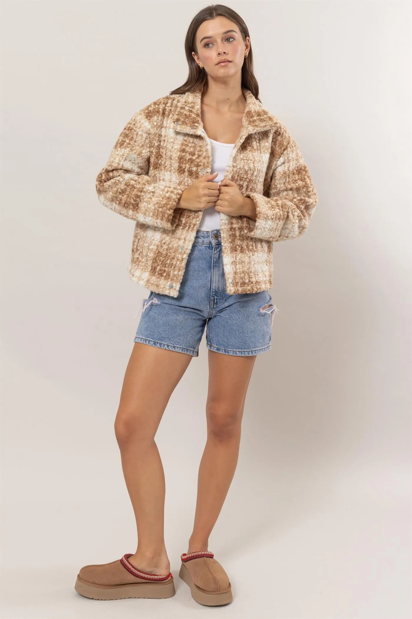 Plaid Boucle Jacket with Collared Neck and Pockets