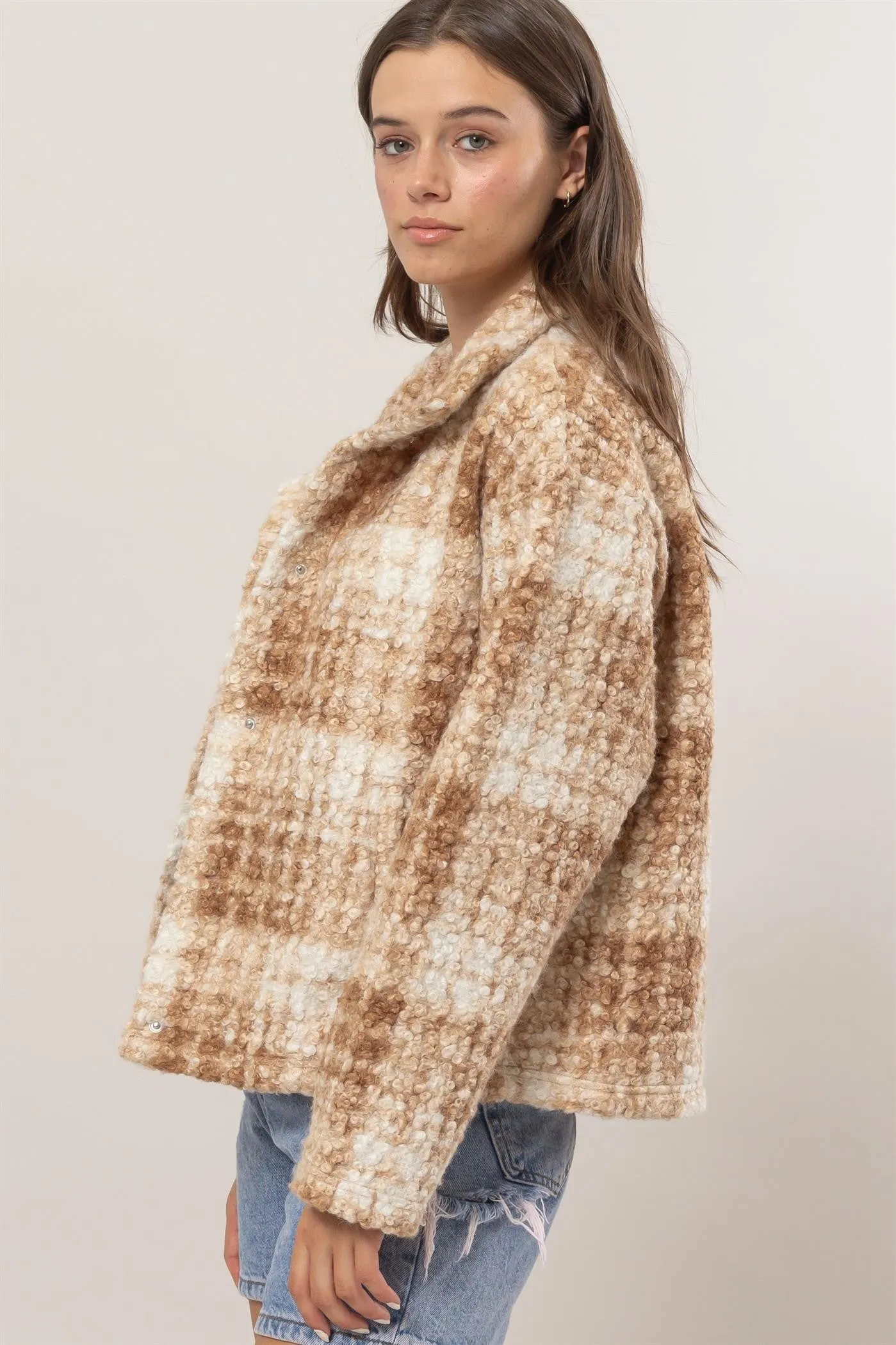 Plaid Boucle Jacket with Collared Neck and Pockets