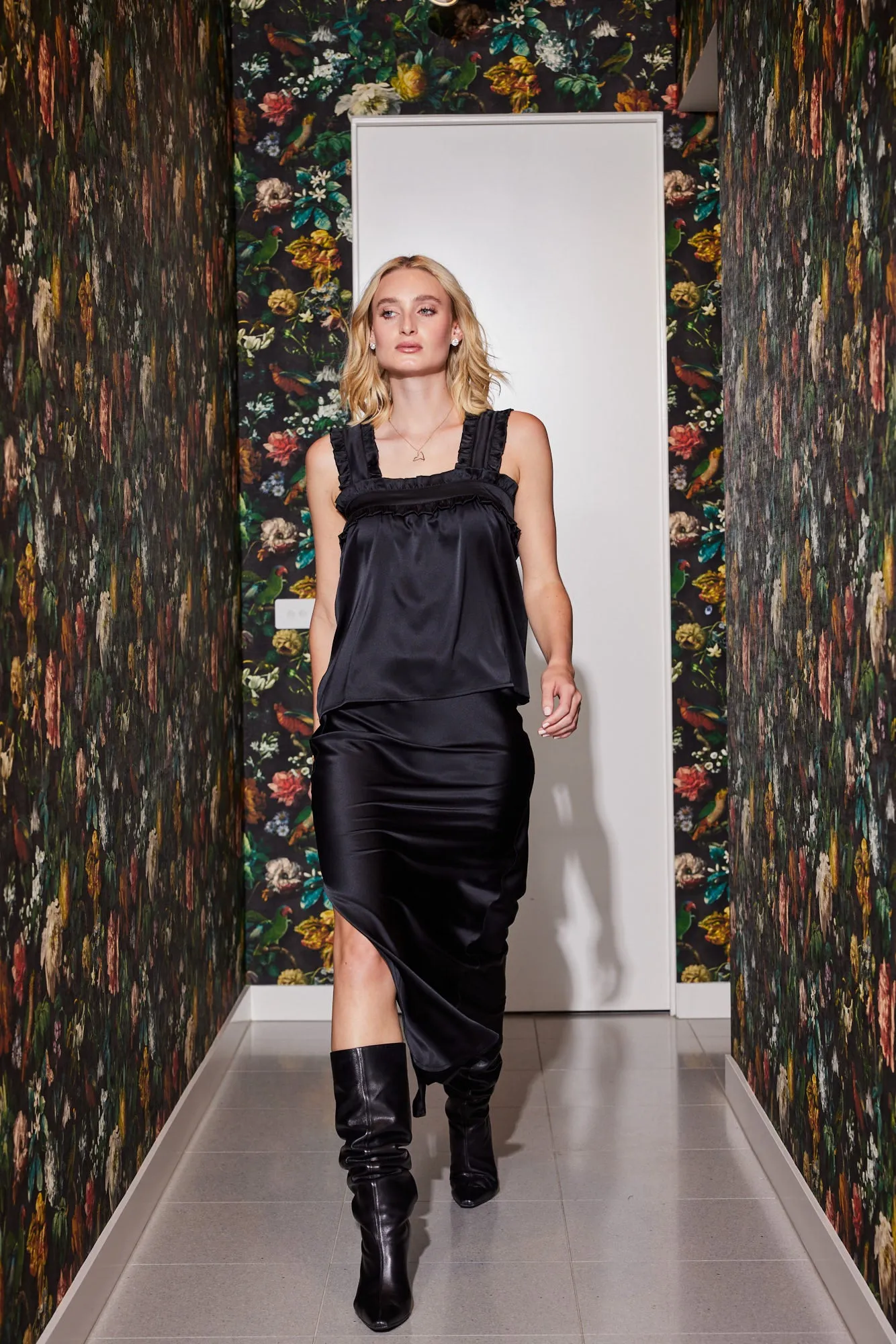 Silk Slit Skirt In Black