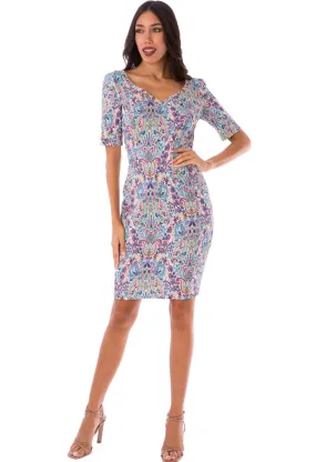 VICTORIA Short Sleeve V-Neck Textured  Fitted Sheath Dress