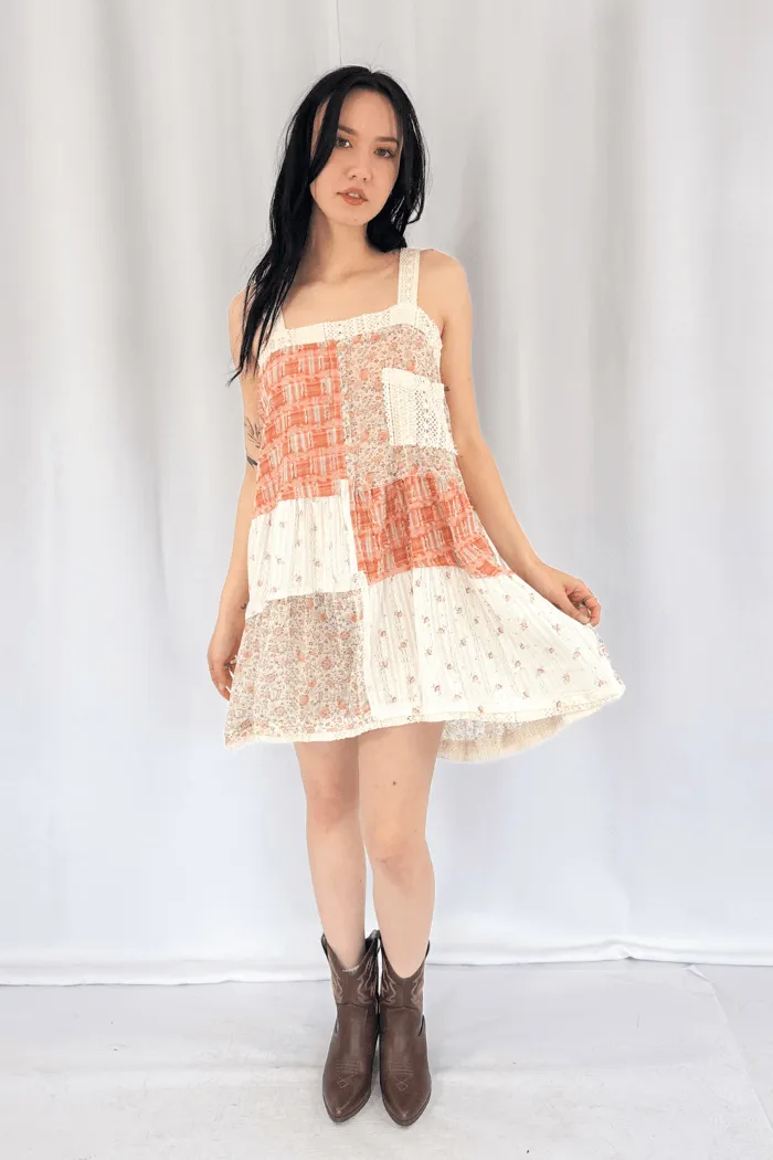 Vintage Washed Plaid Patch Casual Mini Dress