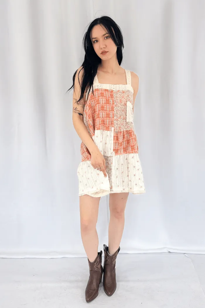 Vintage Washed Plaid Patch Casual Mini Dress